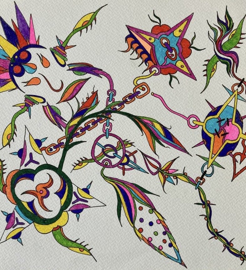 Colorful, abstract art featuring dreamcatcher-like designs with stars, leaves, and chains in vibrant colors.