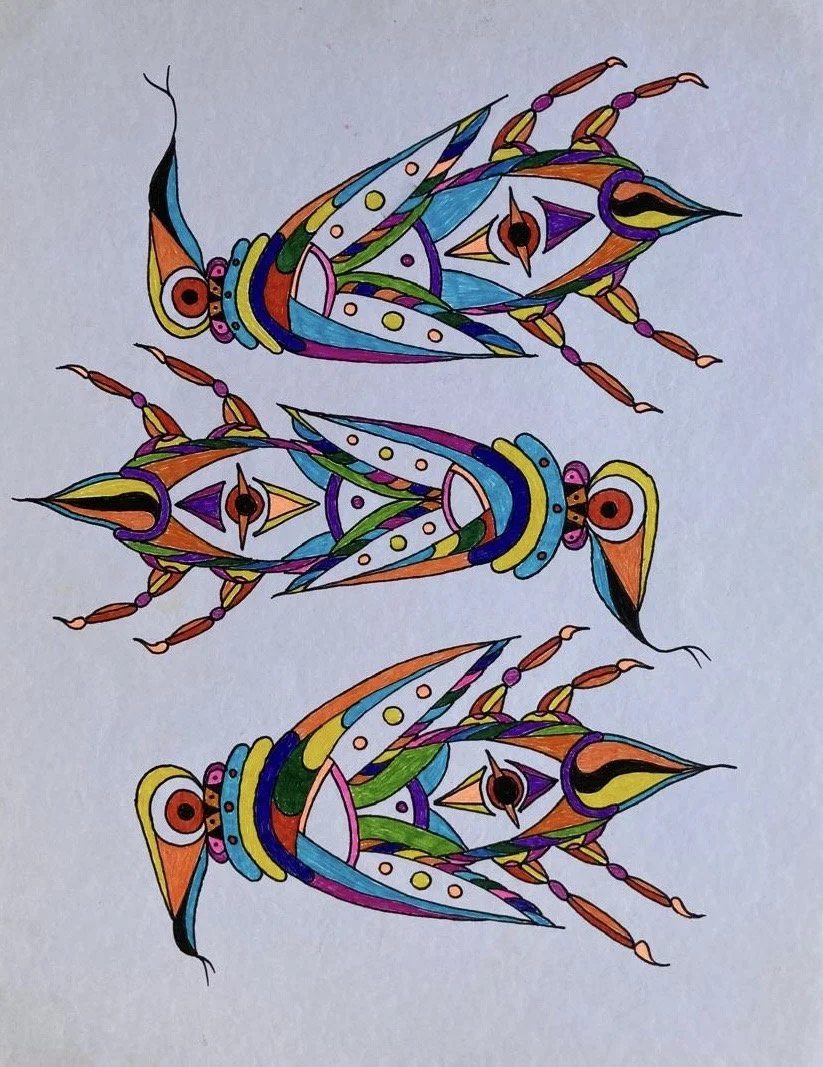 Colorful abstract drawing of three fish with intricate patterns and bold lines, featuring vibrant hues of purple, blue, green, yellow, orange, and red.