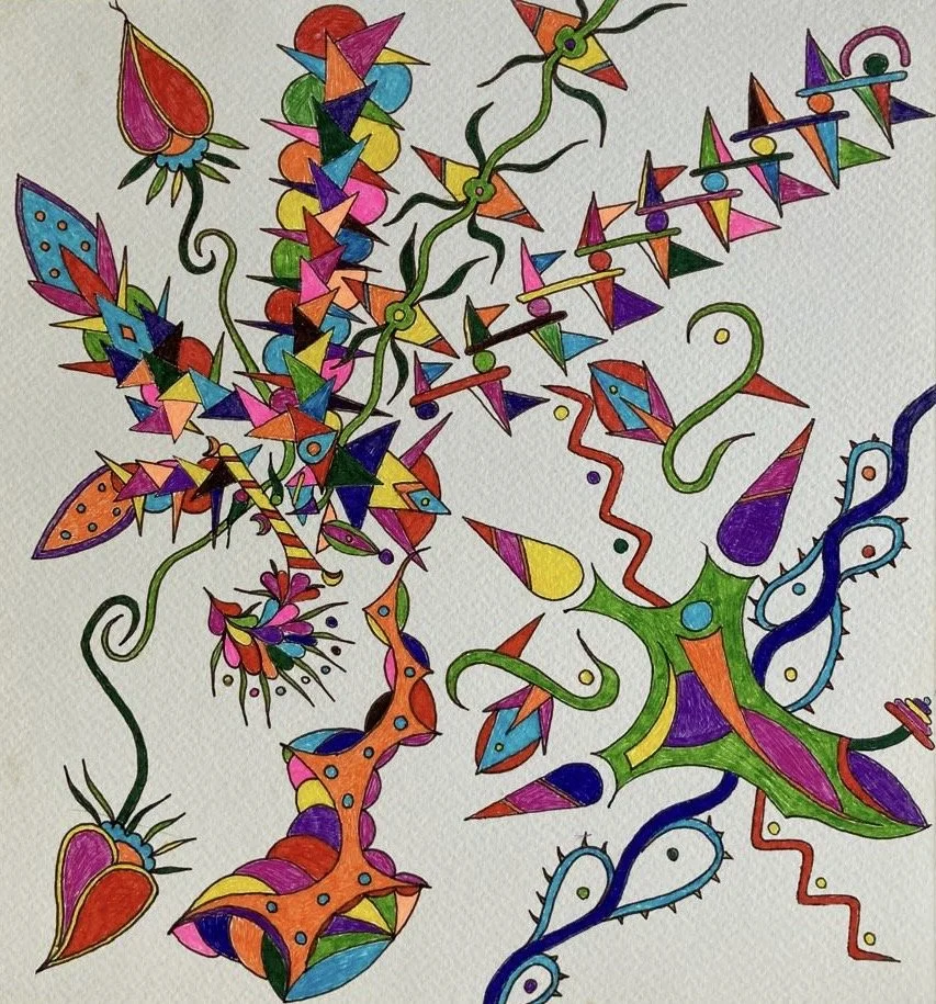 Abstract colorful doodle with geometric and organic shapes, including butterflies, hearts, and star-like figures, with vibrant colors and black outlines.