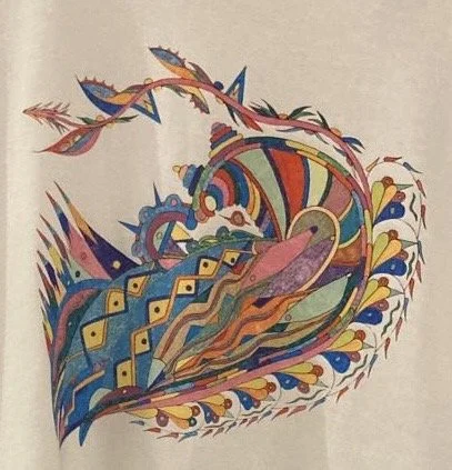 Abstract colorful artwork with geometric shapes, curved lines, and patterned elements.