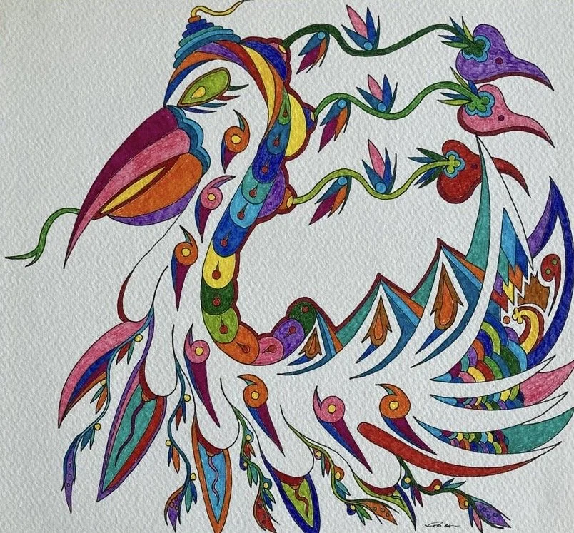 A colorful abstract drawing of a bird with long, flowing feathers and intricate patterns, featuring vibrant colors like pink, purple, blue, green, red, and orange.