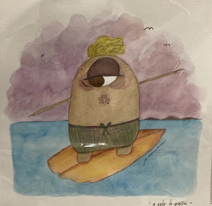 A cartoon character with blonde hair, wearing green shorts, standing on a brown surfboard, balancing on water, with pink clouds and distant land in the background.