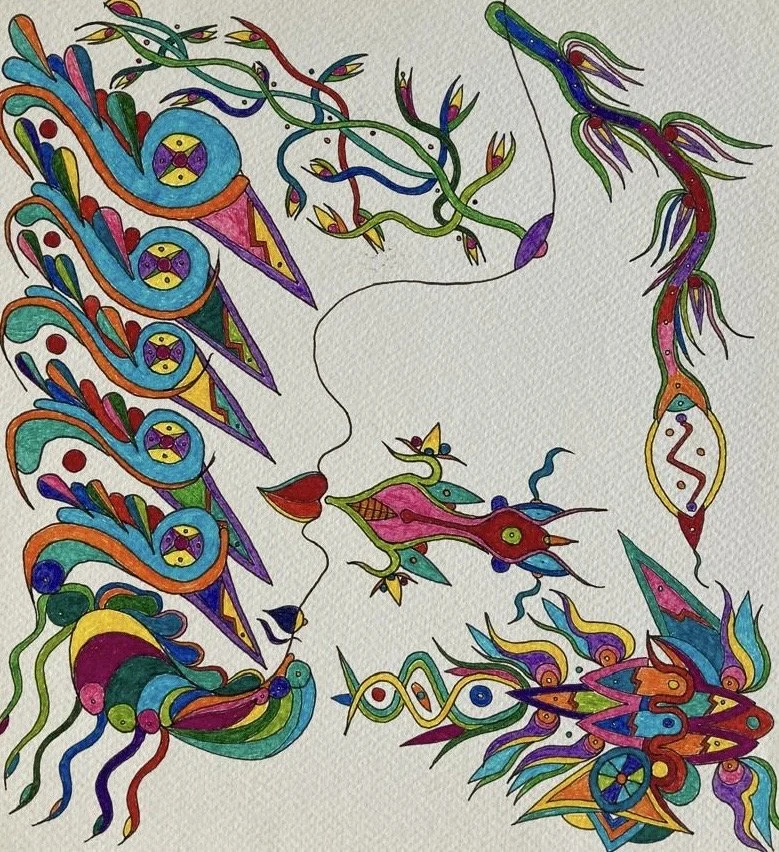 Colorful abstract drawing of a woman's face in profile with flowing hair made of swirling, patterned shapes and vibrant colors.