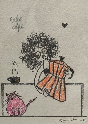 A hand-drawn illustration of a woman with curly hair holding an orange and pink striped dress, standing behind a counter. There is a pink cat sitting on the counter and a steaming cup of coffee nearby. The words 'cafe' are written twice in the top le