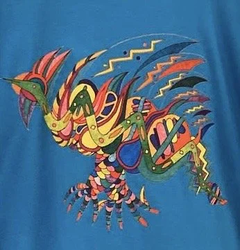 Colorful abstract design resembling a mythical creature with multiple wings, spines, and intricate patterns on a blue background.