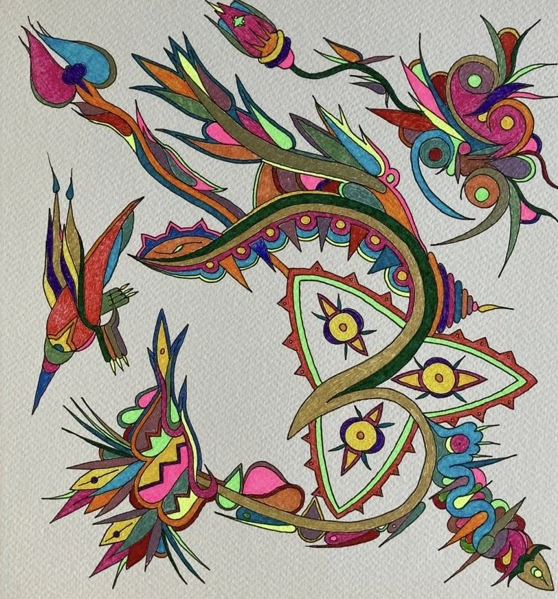 Colorful abstract illustration with geometric and organic shapes resembling a stylized snake, flowers, and insects.