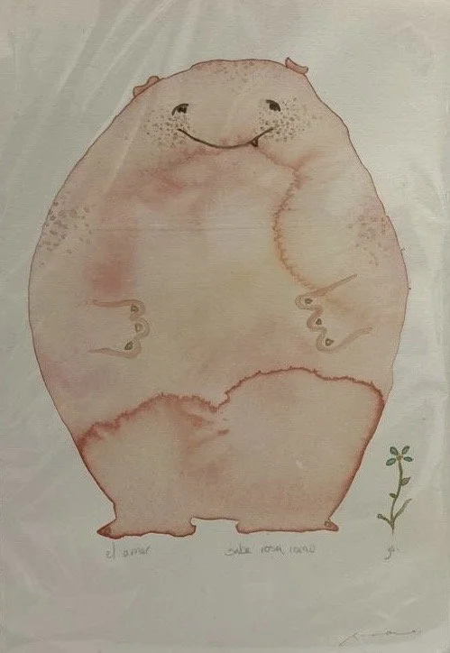 A watercolor painting of a chubby, smiling animal with small hands, a round body, and tiny ears, standing next to a small plant.