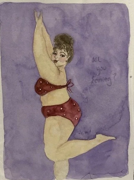 A woman in a red polka-dot bikini is depicted against a purple background, stretching with her arms raised and one leg bent. Text beside her says, "are you coming?"