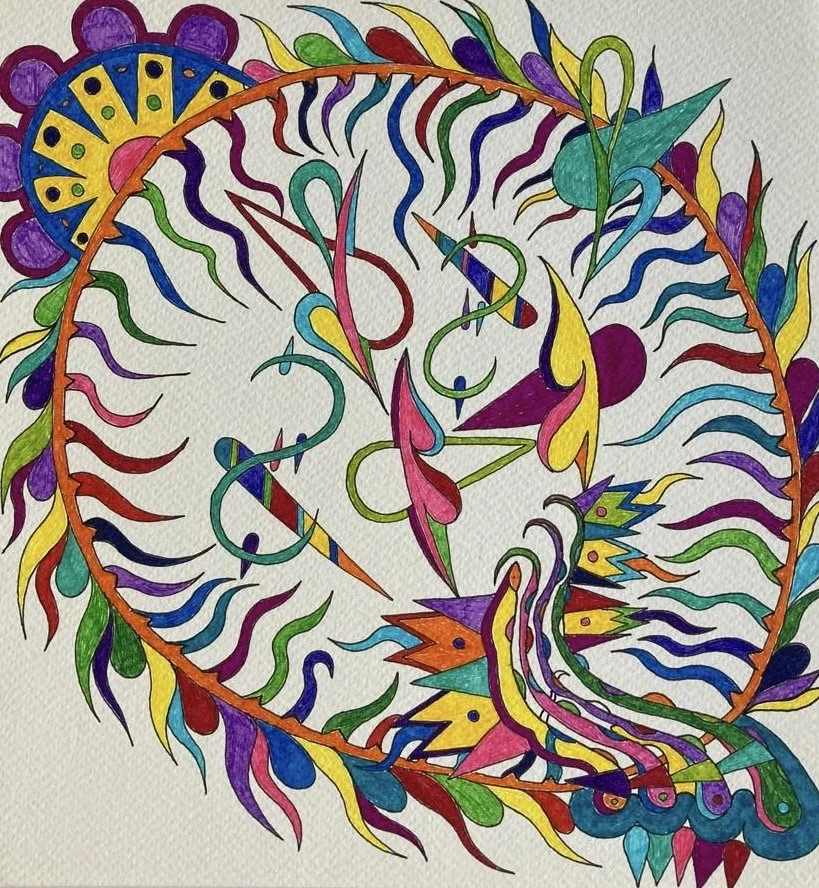 Colorful abstract drawing of a clock with intricate, swirling patterns and flames in various colors including purple, yellow, red, blue, green, and pink.