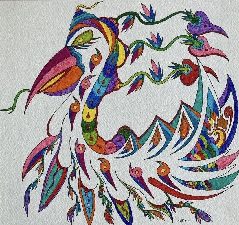 Colorful abstract drawing of a phoenix with intricate, flowing patterns, and vibrant hues of red, blue, green, purple, yellow, and orange.