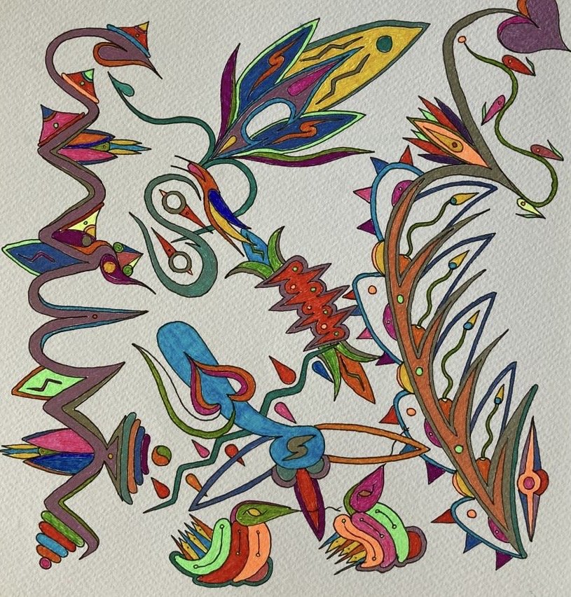 An abstract, colorful drawing featuring various intricate, flowing, and spiky shapes resembling flowers, leaves, and organic elements, with vibrant colors including blue, red, green, yellow, purple, and orange.
