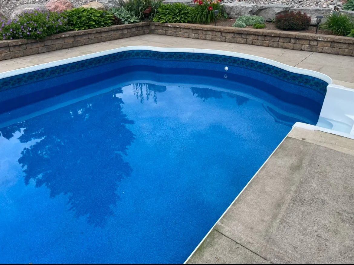 Empty in-ground swimming pool with a blue liner, surrounded by concrete and a landscaped garden with plants and flowers in the background.