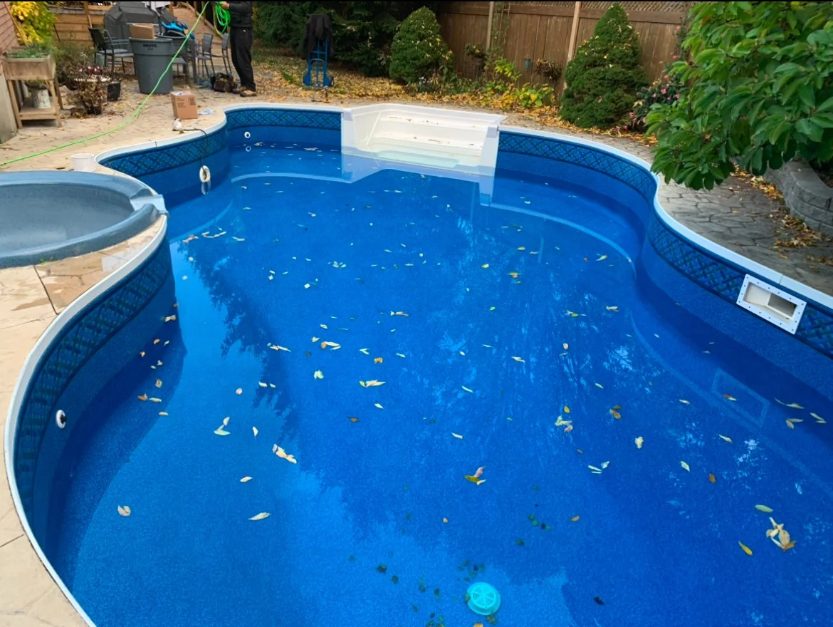 In-ground swimming pool with blue interior, floating leaves, surrounded by a patio, trees, and shrubs, with a hot tub nearby.