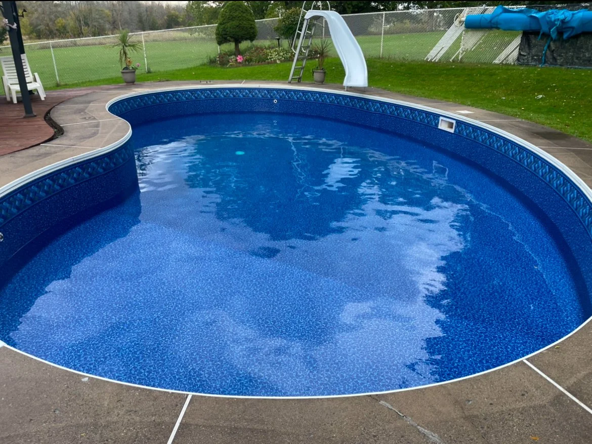 Empty in-ground swimming pool with a blue interior, surrounded by a concrete deck and fenced backyard.