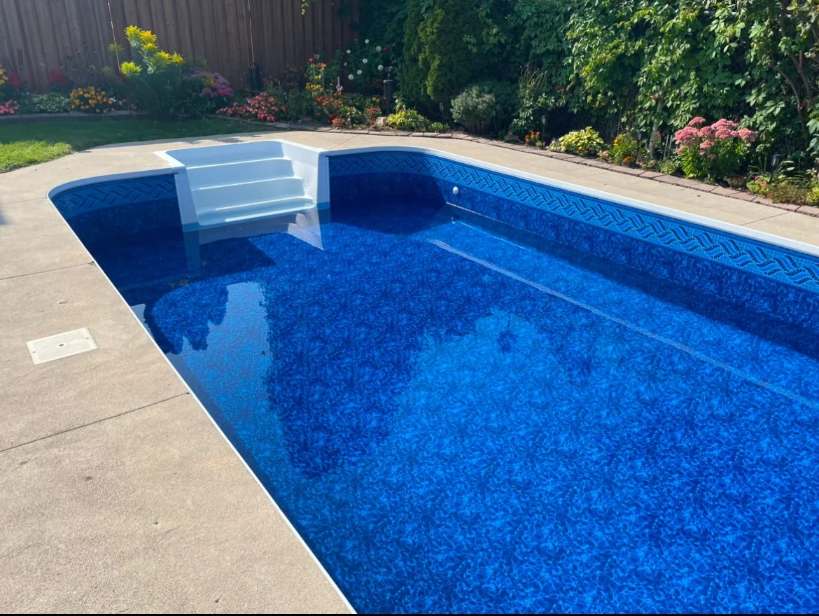 Empty backyard swimming pool with blue interior and built-in steps, surrounded by a concrete patio and garden with flowers and green shrubs.
