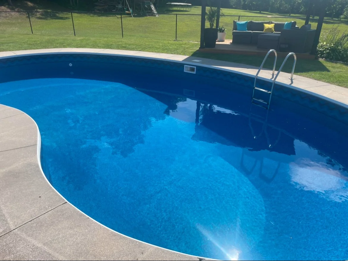 Empty outdoor swimming pool with metal ladder, surrounded by concrete patio, with outdoor sofa and cushions in the background, and a grassy yard beyond.