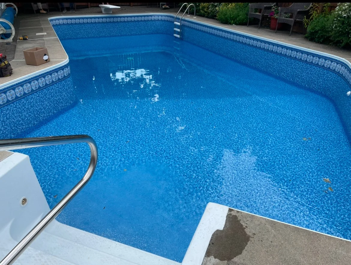 Empty backyard swimming pool with ladder, surrounded by concrete deck and garden furniture.