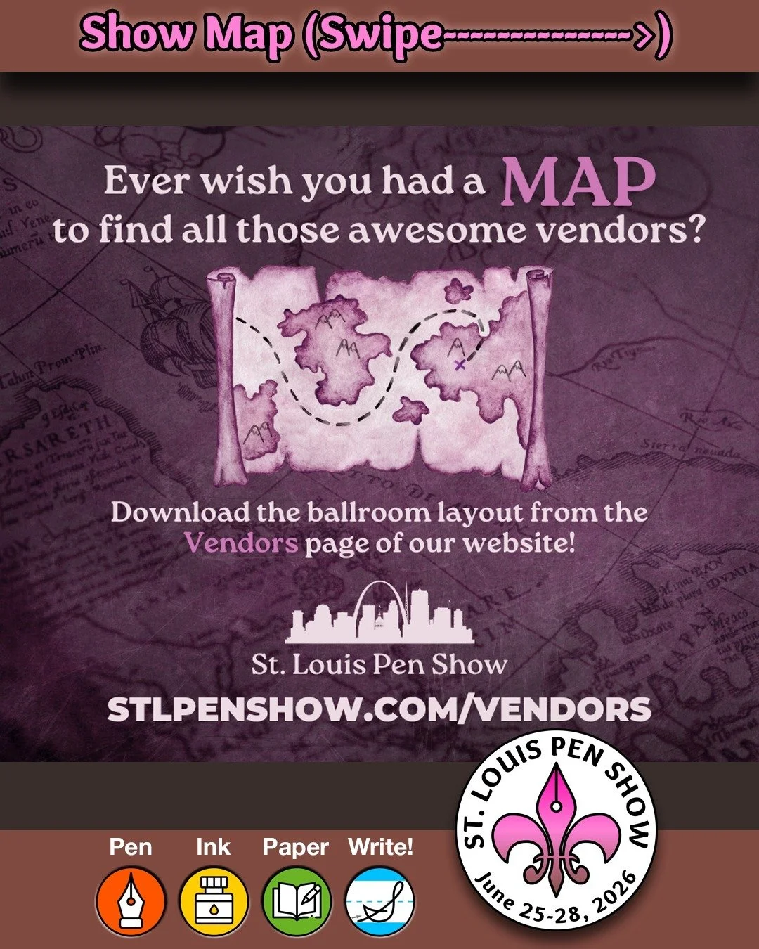 Wish you had a handy Floor Plan/Map of where all our awesome vendors are hanging out in the ballroom? Well, wish no more! Just pop on over to the vendor page on our site ( https://stlpenshow.com/vendors ) and download the map. It's also on the main p