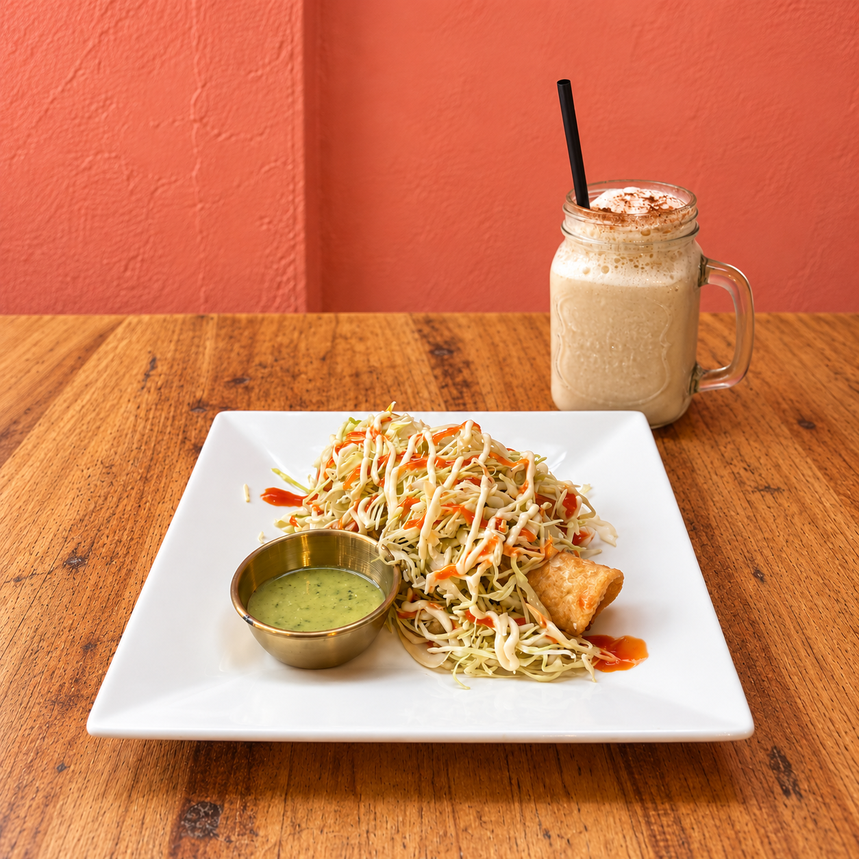 A white square plate with a serving of shredded cabbage salad topped with ketchup and a spring roll, accompanied by a small cup of green dipping sauce. Next to the plate, there is a glass jar mug with a milkshake topped with whipped cream and cocoa powder, with a black straw. The table is wooden and the background features a pink wall.