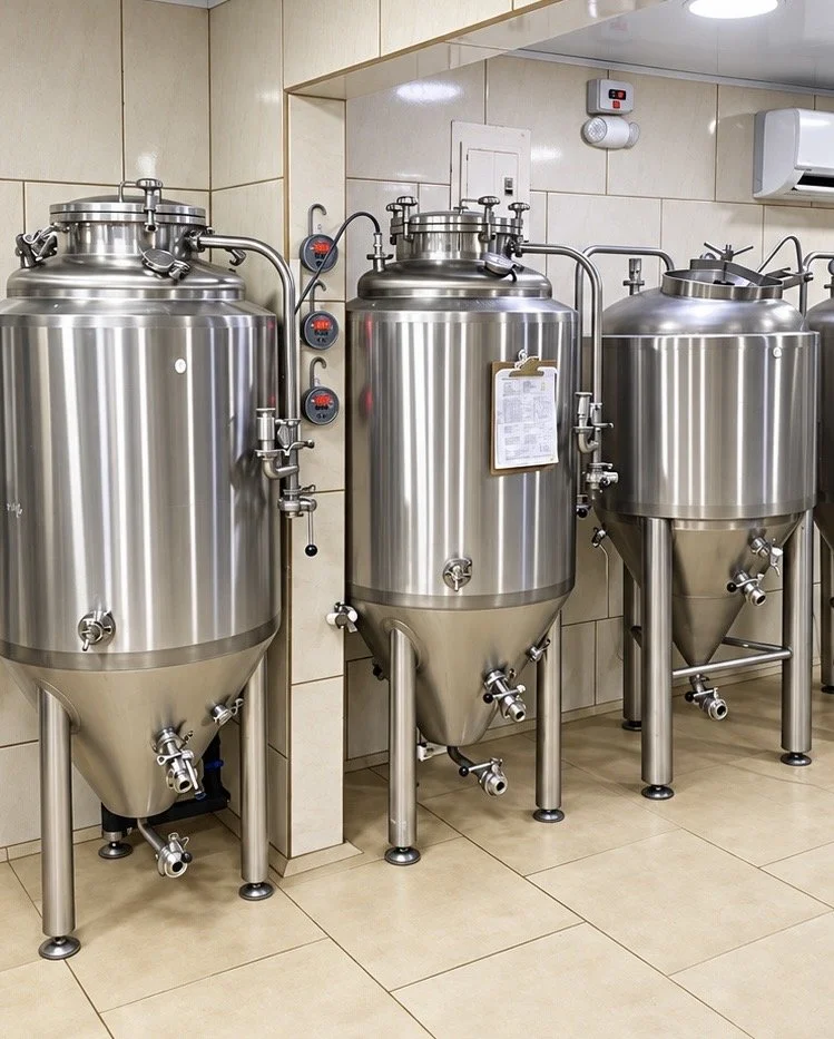 Three large stainless steel fermentation tanks in a brewing or beverage production facility.