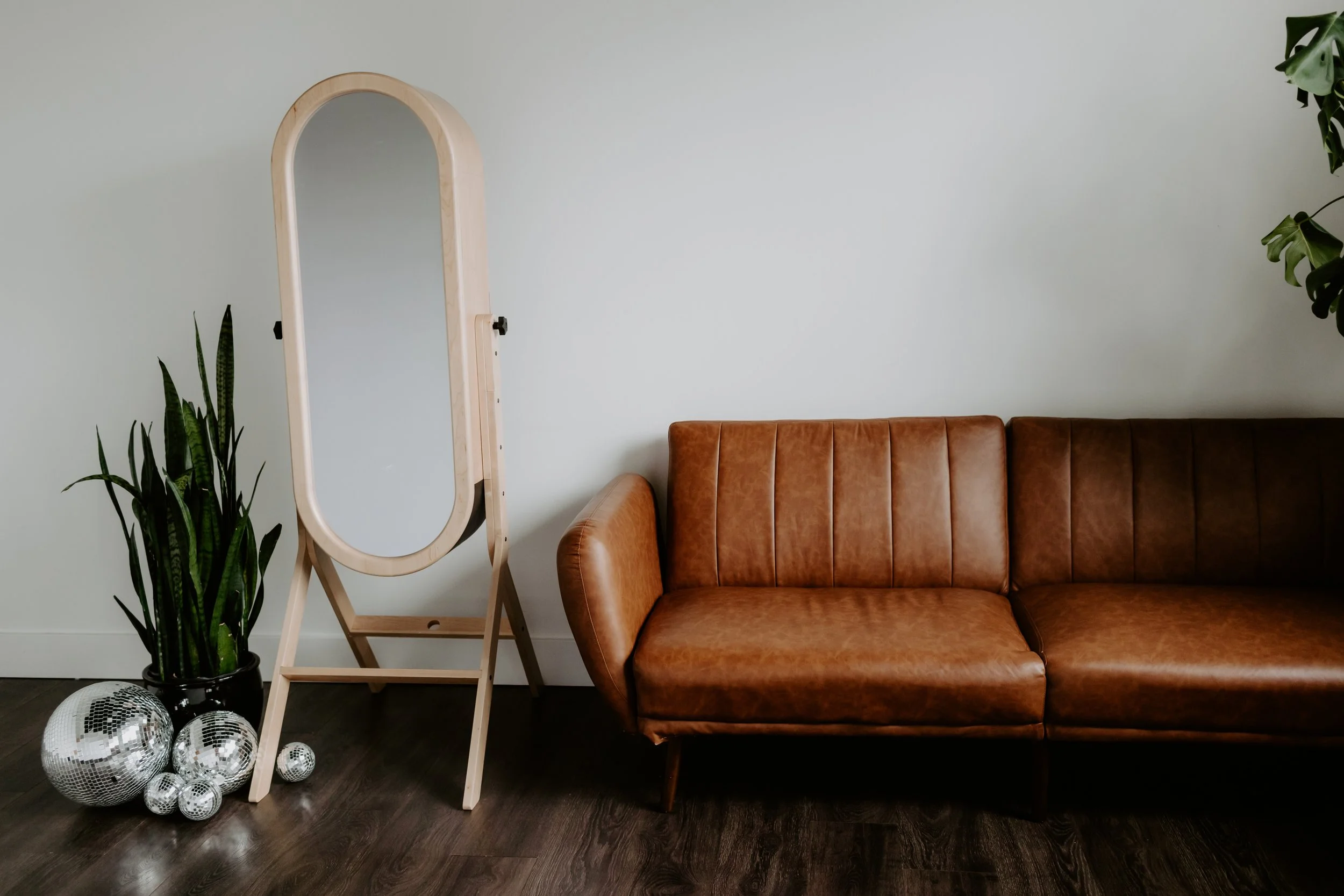 Full-length oval mirror photo booth with wooden frame