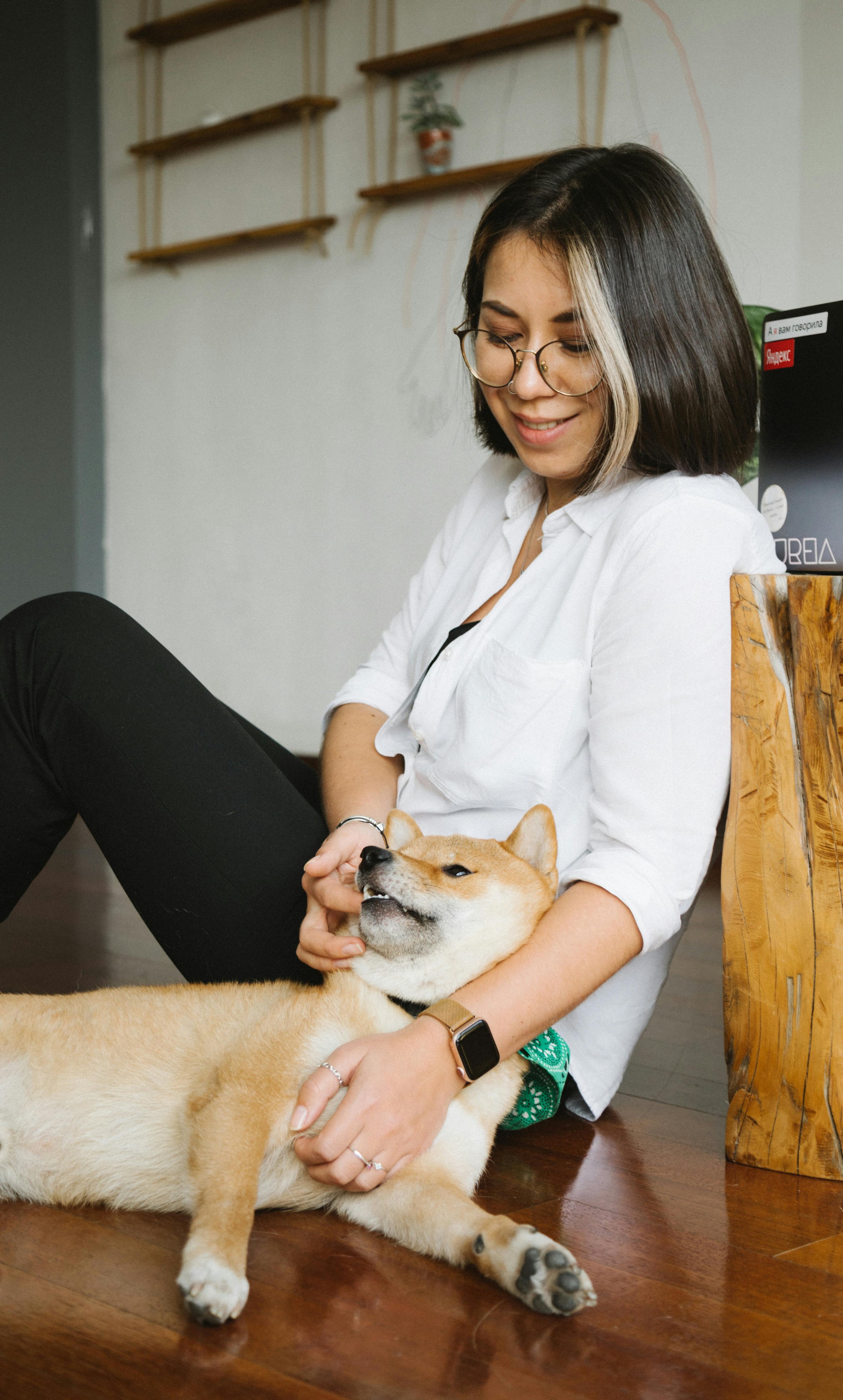 A young woman with shoulder-length dark hair, glasses, and a white shirt sitting on the floor, petting a tan and white dog with a happy expression.