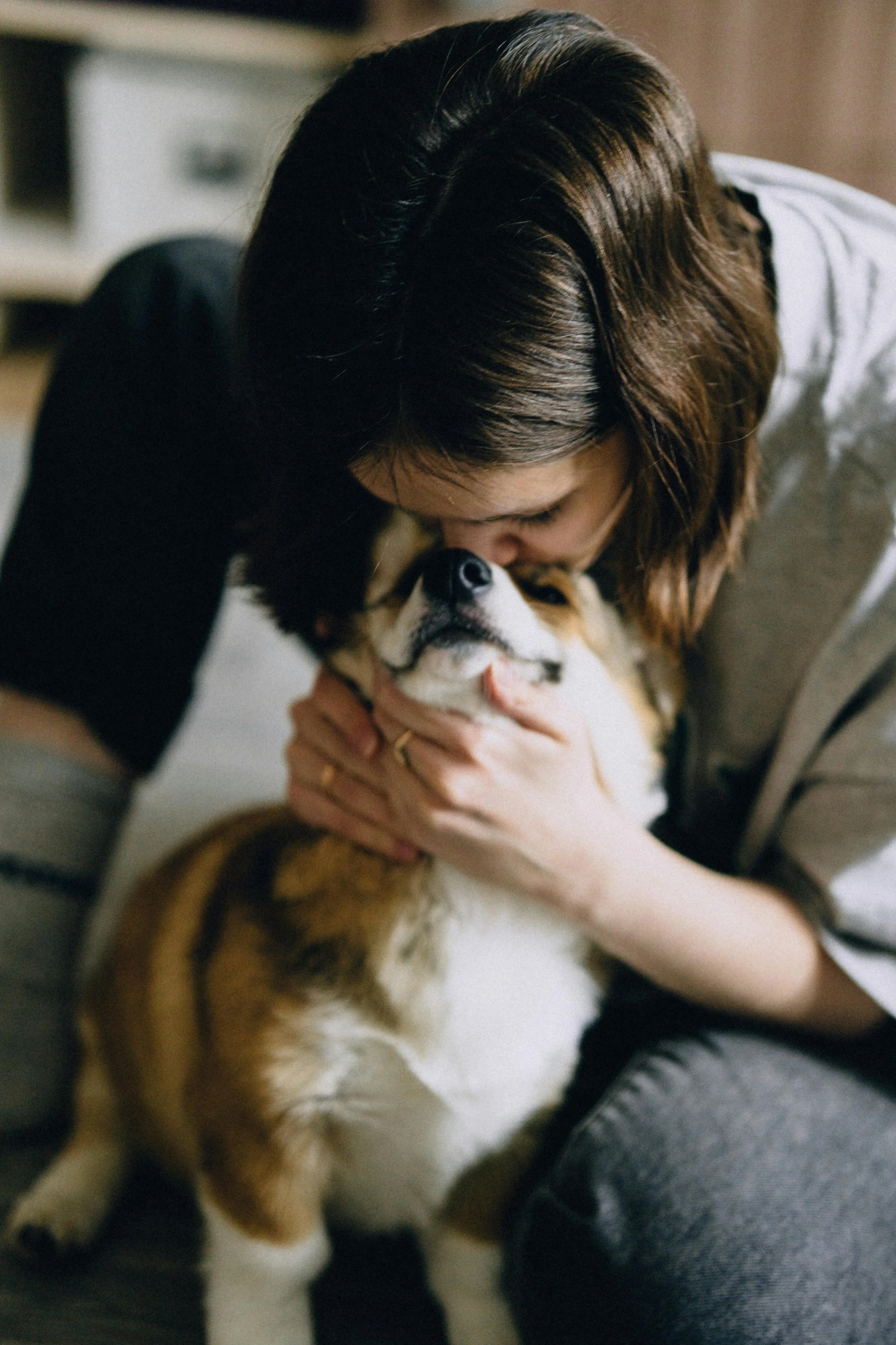A person with brown, wavy hair hugging and nuzzling a large dog, possibly a Bernese Mountain Dog, on a white surface, with a blurred background.