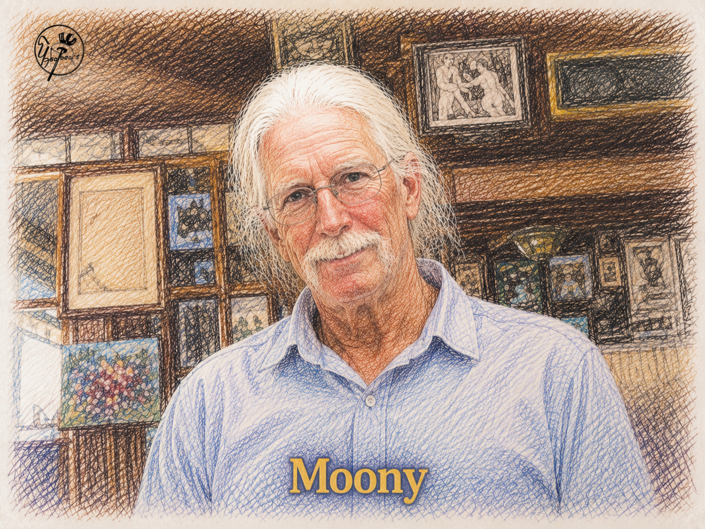 An elderly man with white hair and glasses, wearing a light blue shirt, standing in front of a wall filled with various framed artworks and photographs. The word "Moony" is written at the bottom of the image.