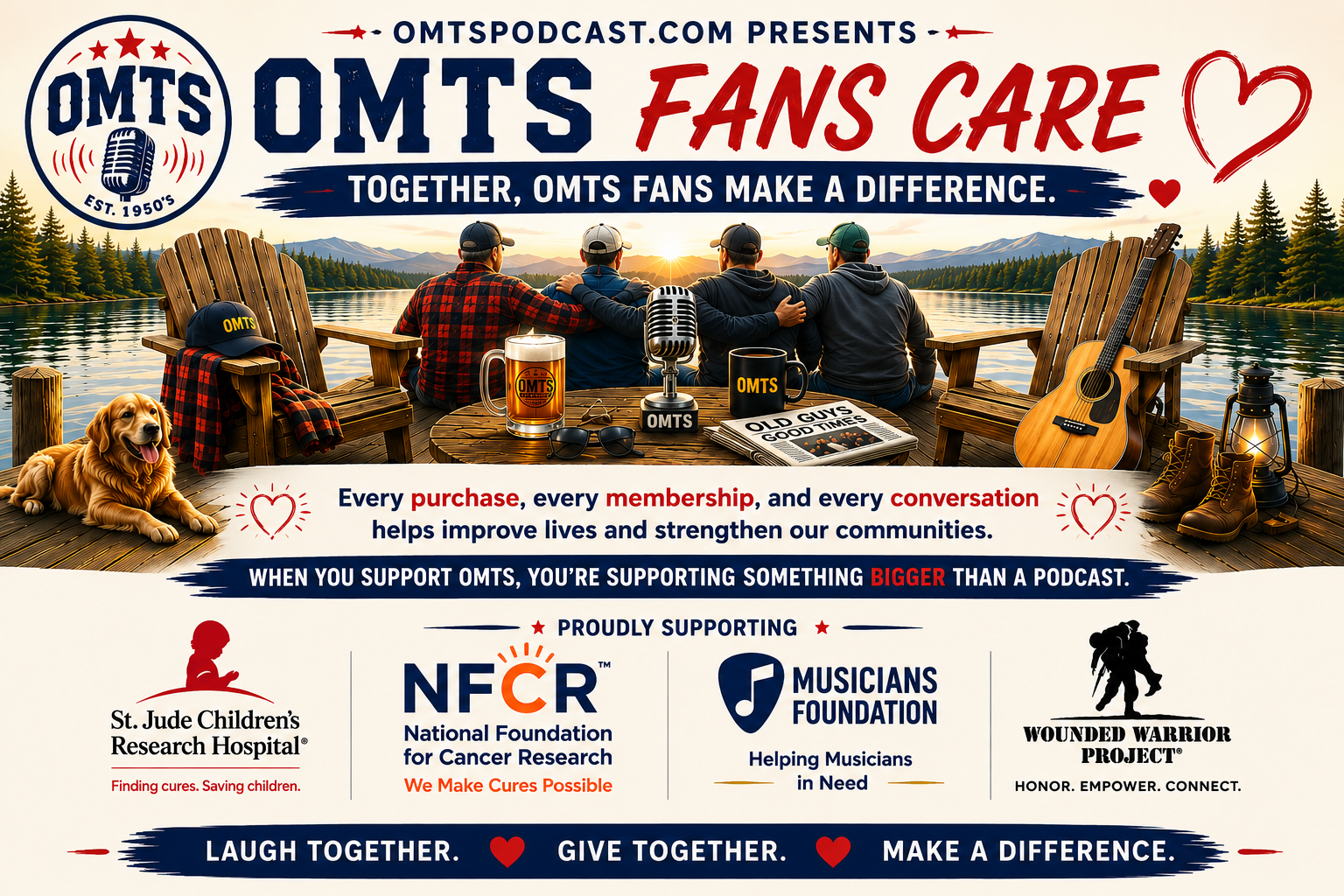 An outdoor scene at sunset with five men sitting on a dock by a lake, facing away and embracing each other. The scene includes a guitar, a lantern, sunglasses, and mugs with the OMTS logo, along with a dog lying nearby. The top displays OMTS FANS CARE invitation, and bottom section lists supporting charities: St. Jude Children's Research Hospital, NFCR, Musicians Foundation, and Wounded Warrior Project. The message emphasizes community support through purchases, memberships, and conversations.