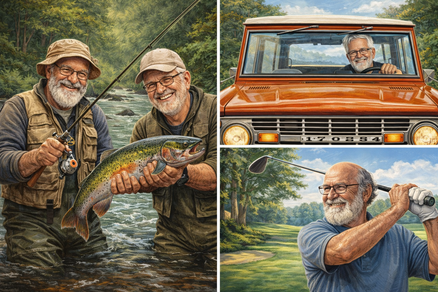 Collage of three photos featuring an elderly man: in the first, he is fishing in a river with another man, holding a large rainbow trout. In the second, he is sitting in a red vintage car outdoors, smiling. In the third, he is on a golf course swinging a golf club, smiling.