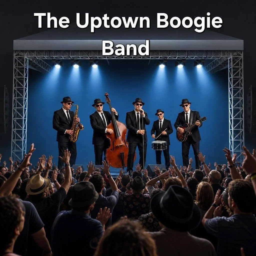 A band called 'The Uptown Boogie Band' performing on stage in front of an audience. The band members are dressed in black suits, sunglasses, and hats, each playing different instruments including saxophone, double bass, drums, microphone, and guitar. Stage lighting is above and around them, with a crowd raising their hands at the concert.