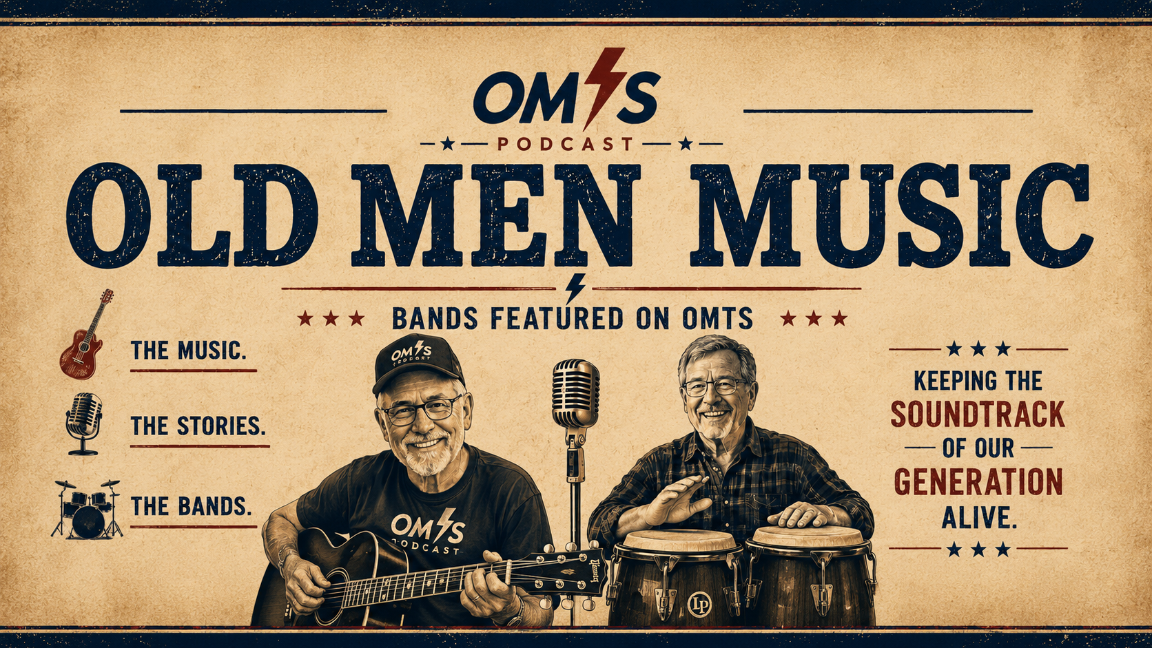 A vintage-style poster for the OMTS Podcast about old men music. It features two smiling older men, one playing guitar and the other playing bongos, with musical icons of a guitar, microphone, and drums. The text includes phrases: "The music," "The stories," "The bands," and "Keeping the soundtrack of our generation alive."