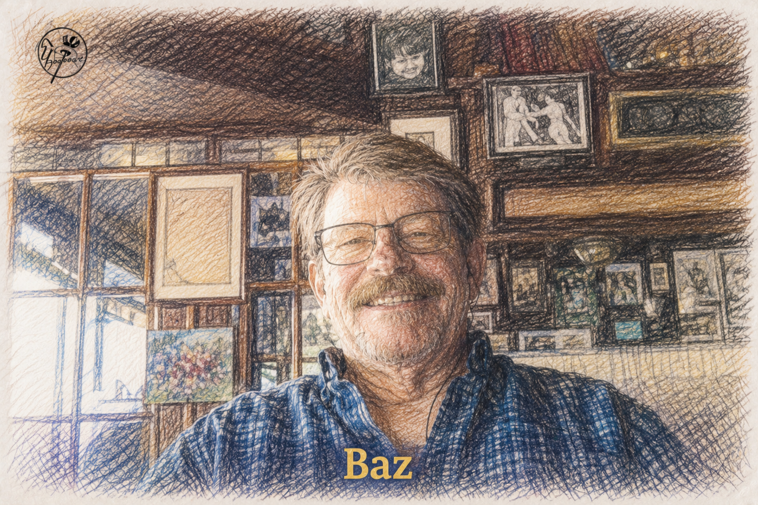 A smiling man with glasses and a beard taking a selfie in a room filled with framed photographs and artwork on the wall behind him. The word 'Baz' appears at the bottom of the image.