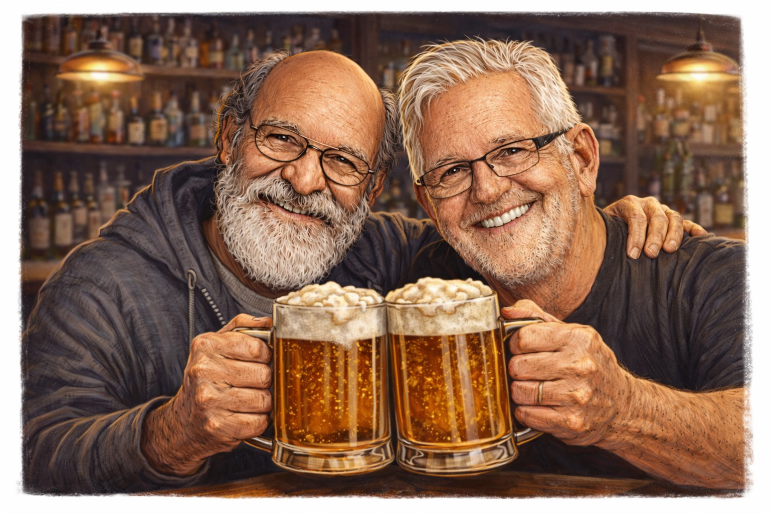 Two elderly men smiling and clinking mugs of beer in a bar with shelves of liquor bottles in the background.
