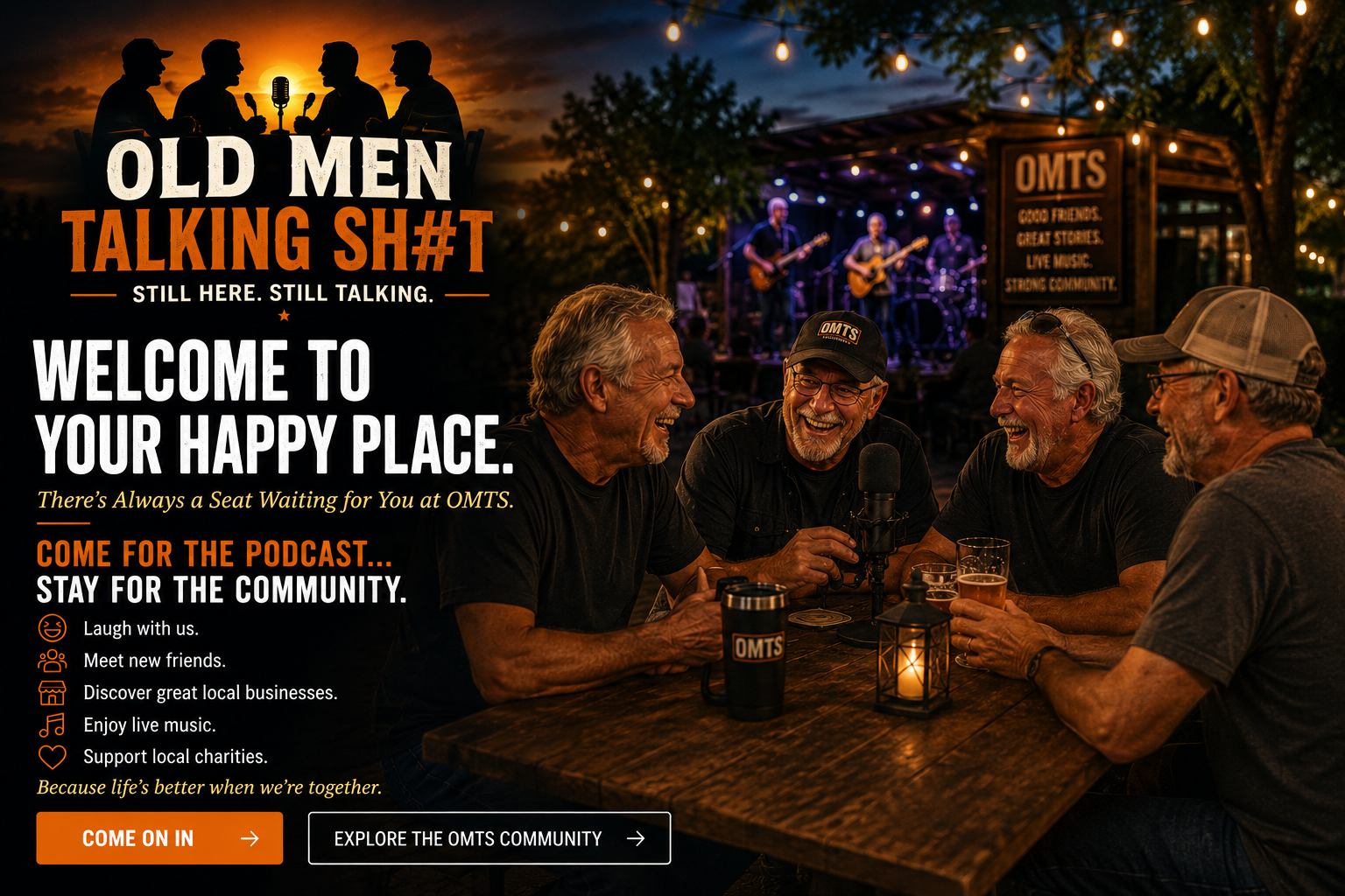 Four older men sitting at a wooden table, smiling and laughing while talking, with drinks in front of them. In the background, a live band performs on a stage at an outdoor evening event with string lights and a sign that reads OMTS. The image promotes a community podcast and gathering.