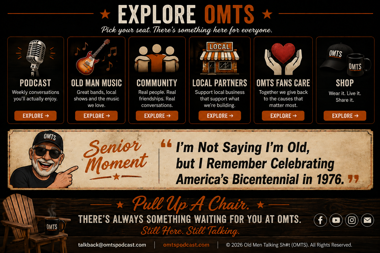 OMTSPodcast.com (Old Men Talking Shit) promotional banner highlighting our podcast, social community for adults over 50, live music, local business partnerships, OMTS Fans Care charities, and weekly comedy conversations.