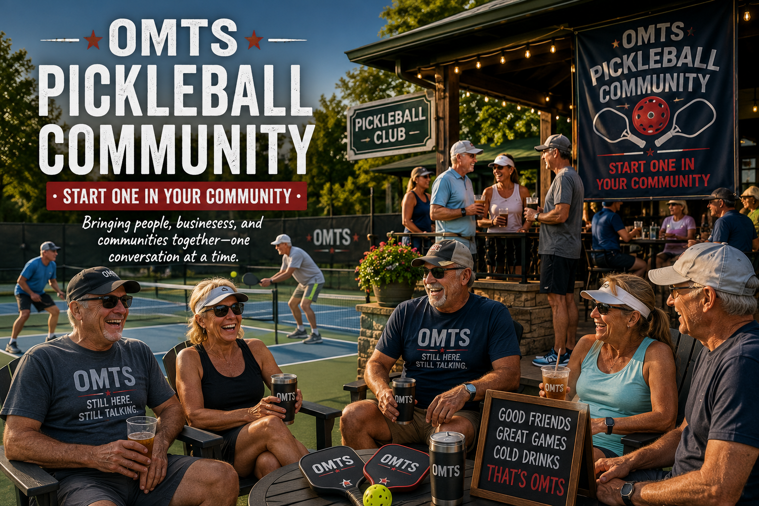 Members of the OMTSPodcast.com community enjoying pickleball, friendship, fitness, and local events as part of the Old Men Talking Shit community for adults over 50.