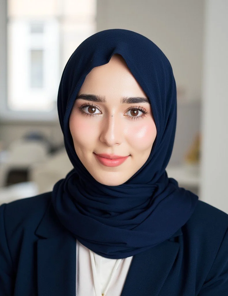 A young woman wearing a navy hijab and blazer, smiling, indoors with a blurred background.