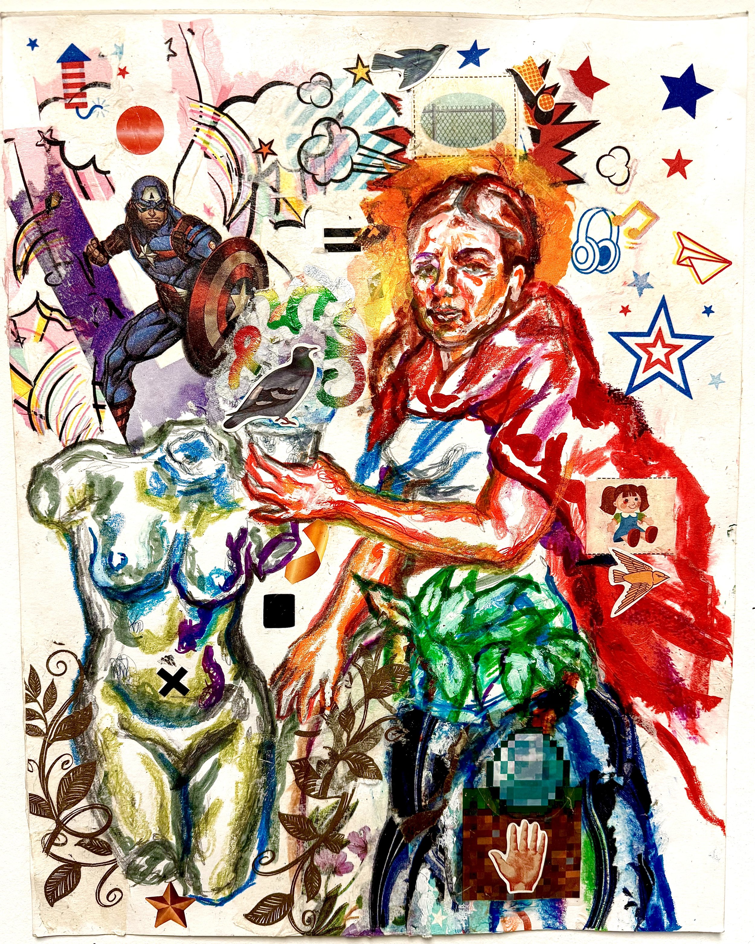 “MAGA Supporter Quietly Summoning Her Right to Choose / Captain America Defending the Southern U.S. Border”
Colored pencil, marker, and mixed media collage on paper
11 × 14 inches