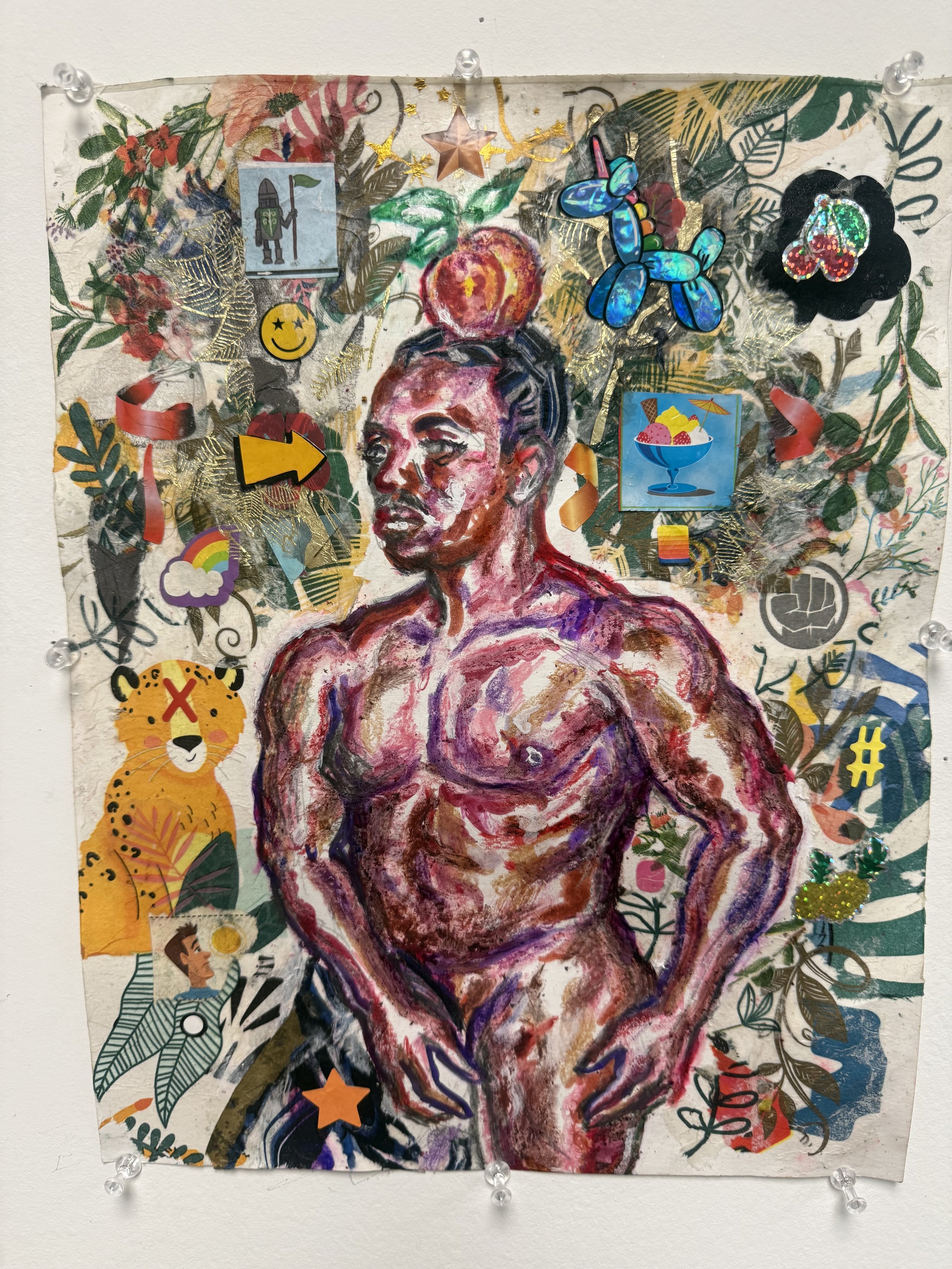 “Tres in the Garden of Earthly Delights / The Blue Unicorn,” 2026
Colored pencil, crayon, and mixed-media collage on paper. 
11” x 14”