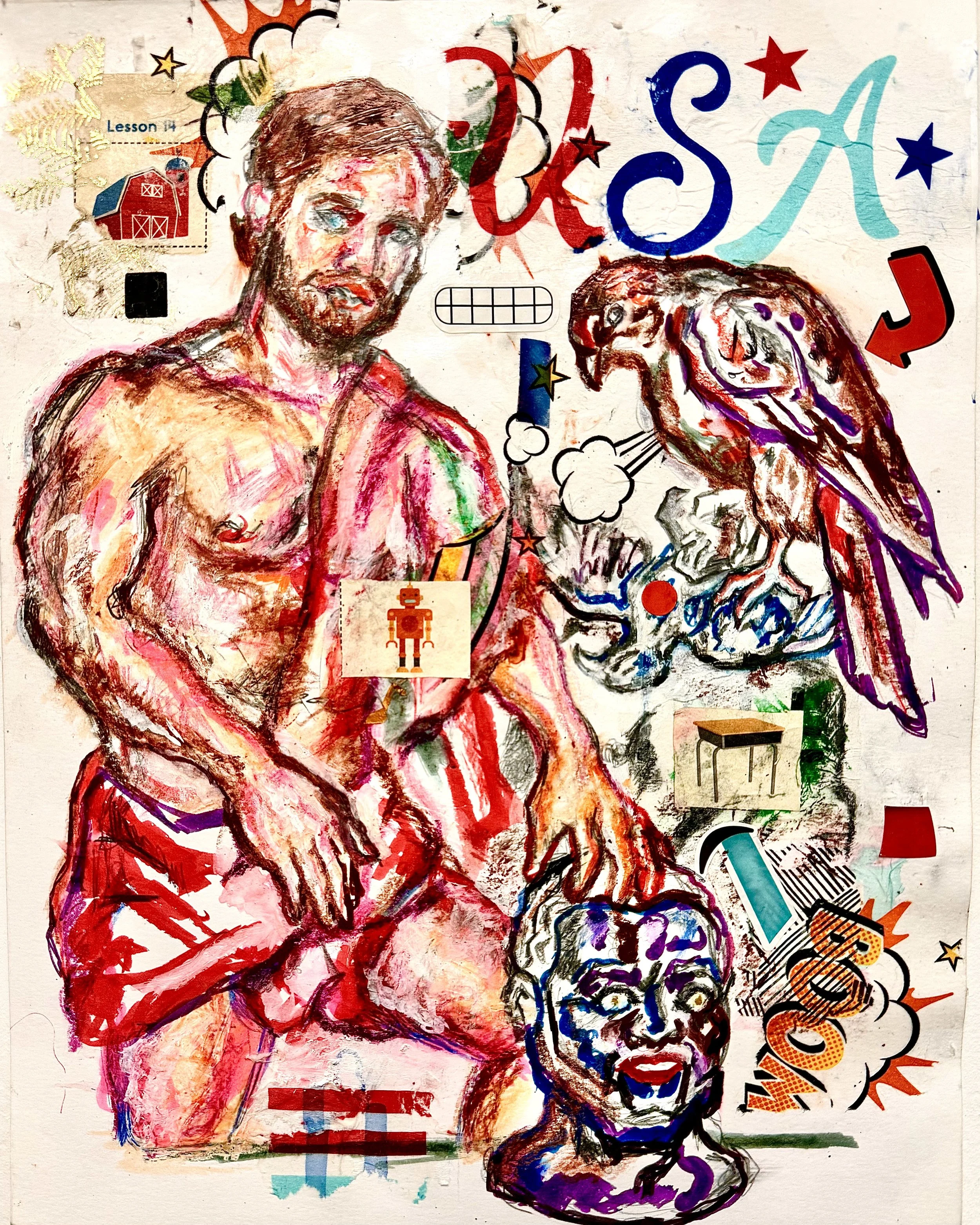 “Jethro and Demetrius / Falcon with Deceased Political Opponent / Lesson 14”
Colored pencil, marker, and mixed media collage on paper
11 × 14 inches