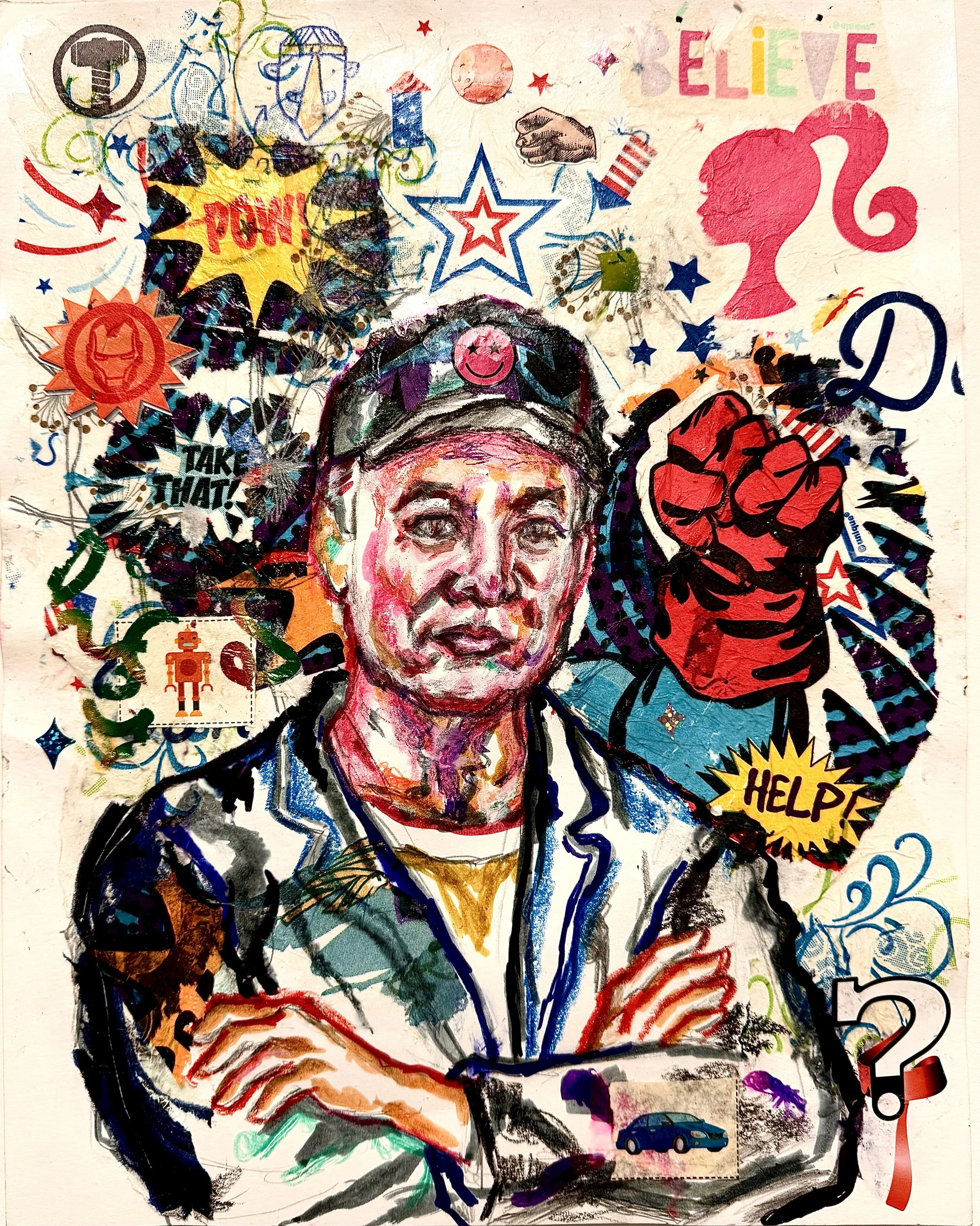 “2/11/25 / DOGE Technocrat Elon Musk Addressing the Nation in the Oval Office / BELIEVE”
Colored pencil, marker, and mixed media collage on paper
11 × 14 inches