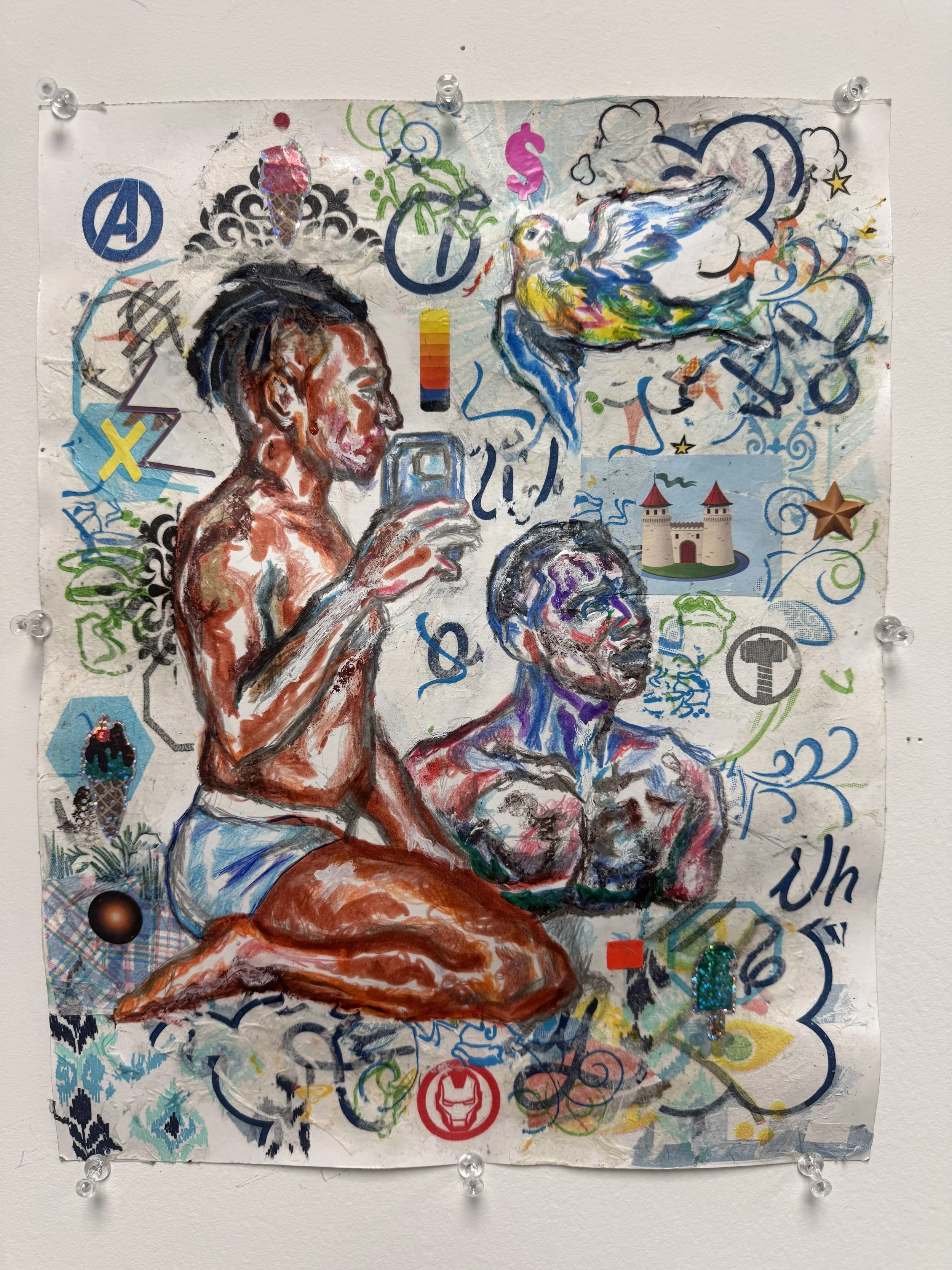 “Don't Forget the Past / Do Predict the Future,” 2026
Colored pencil, crayon, and mixed-media collage on paper. 
11” x 14”