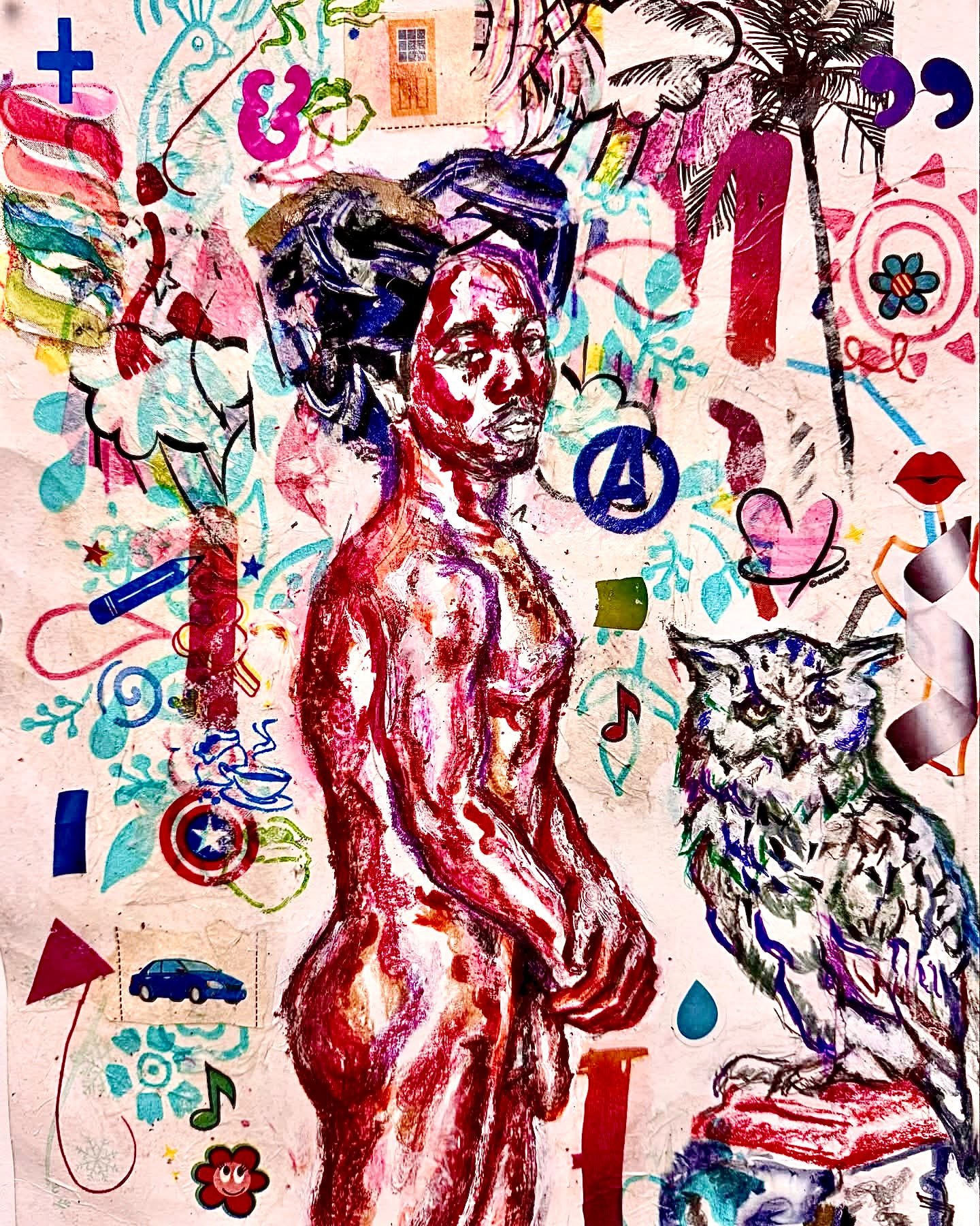 “Theo @ The Lover's Rock,” 2026
Colored pencil, crayon, and mixed-media collage on paper. 
11” x 14”