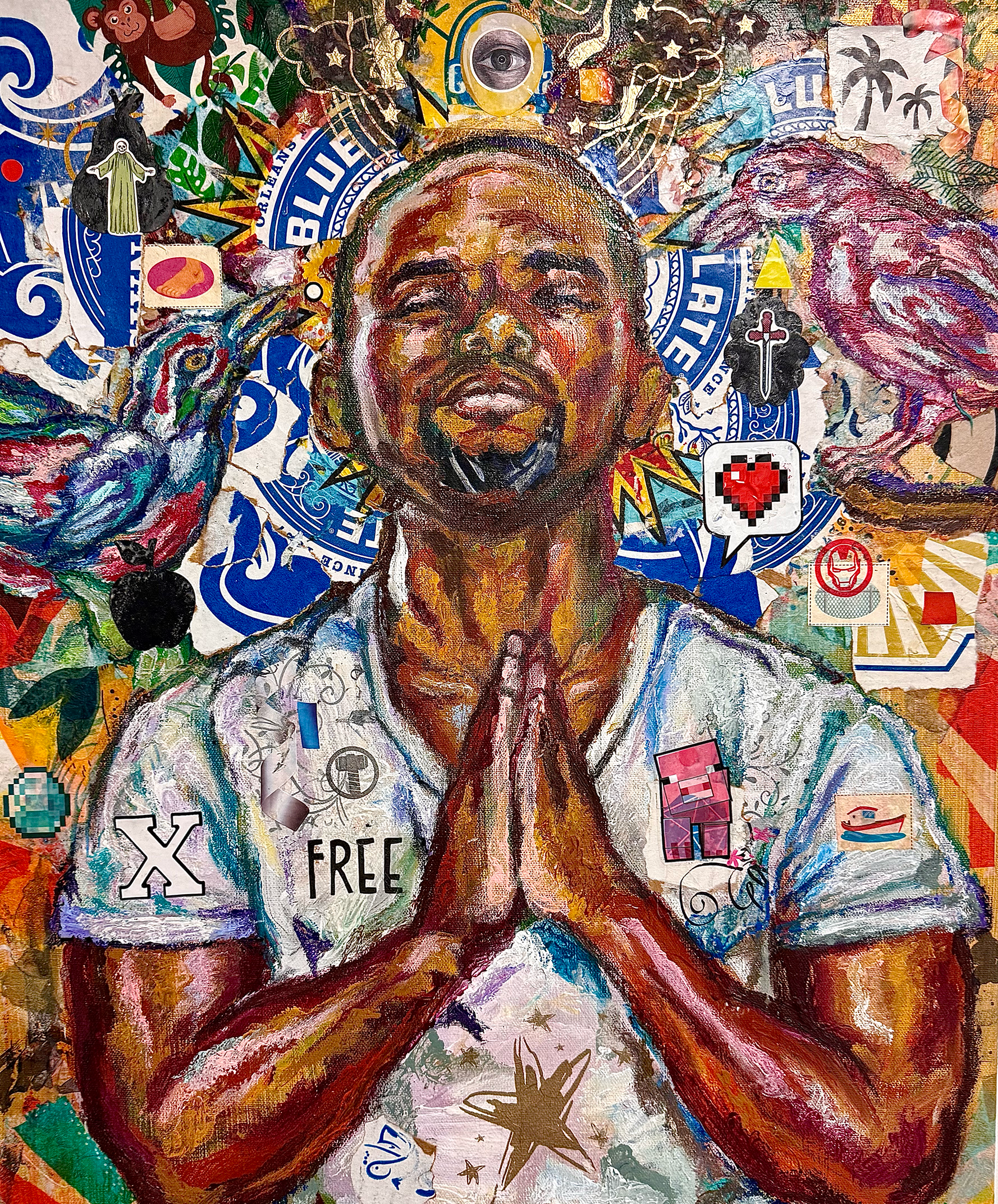A colorful, abstract painting of a woman with her hands in prayer position, head bowed. The background features various stickers, signs, and symbols, including text like 'FREE' and 'LOVE,' along with imagery such as hearts, stars, and messages.