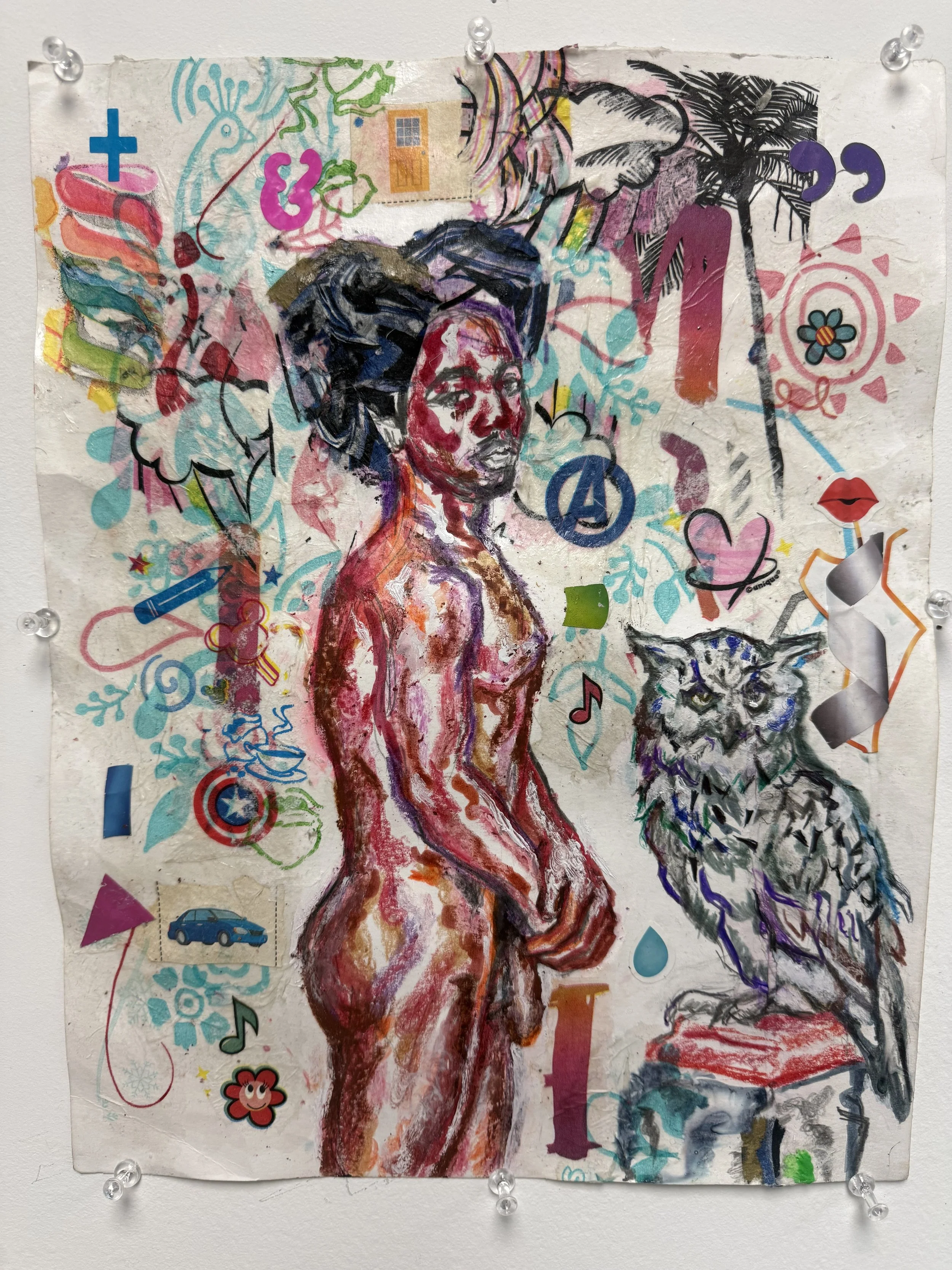 “Theo @ The Lover's Rock,” 2026
Colored pencil, crayon, and mixed-media collage on paper. 
11” x 14”
