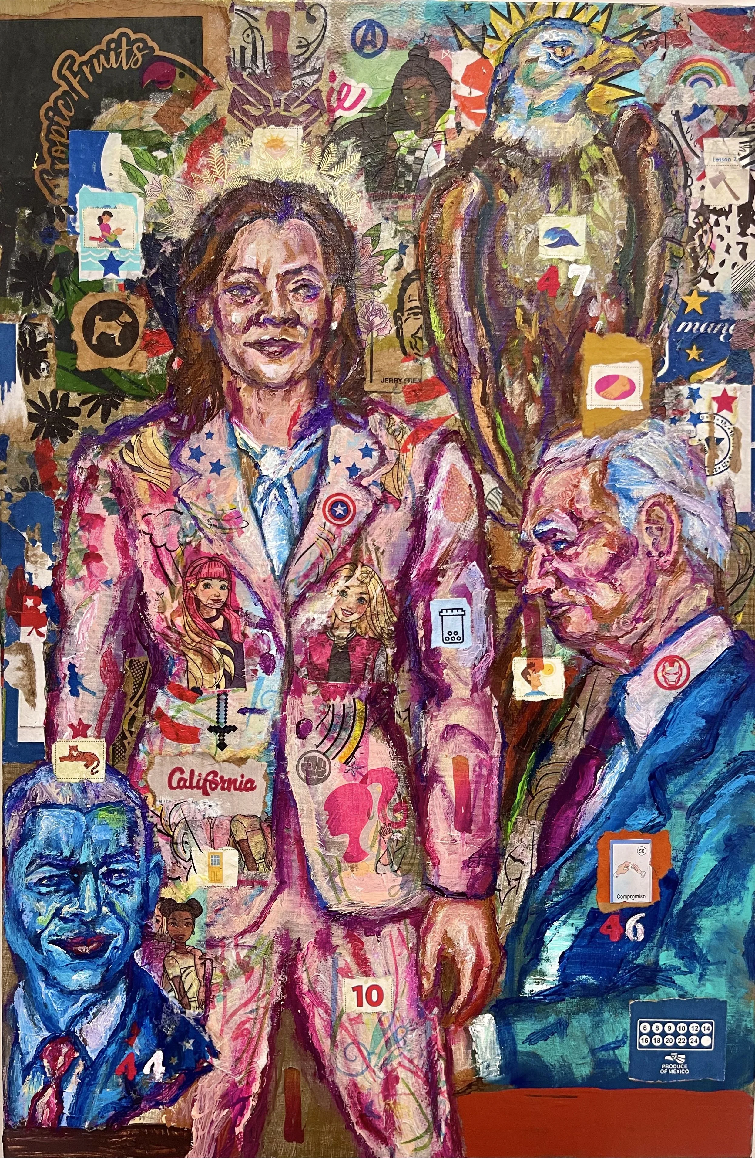 "Deep Blue Wave: POTUS 46 Joseph R. Biden Endorses Vice POTUS Kamala Devi Harris for the 2024 General Election on Sunday 7/21/24"
Acrylic and mixed media collage on canvas
24" x 36"
