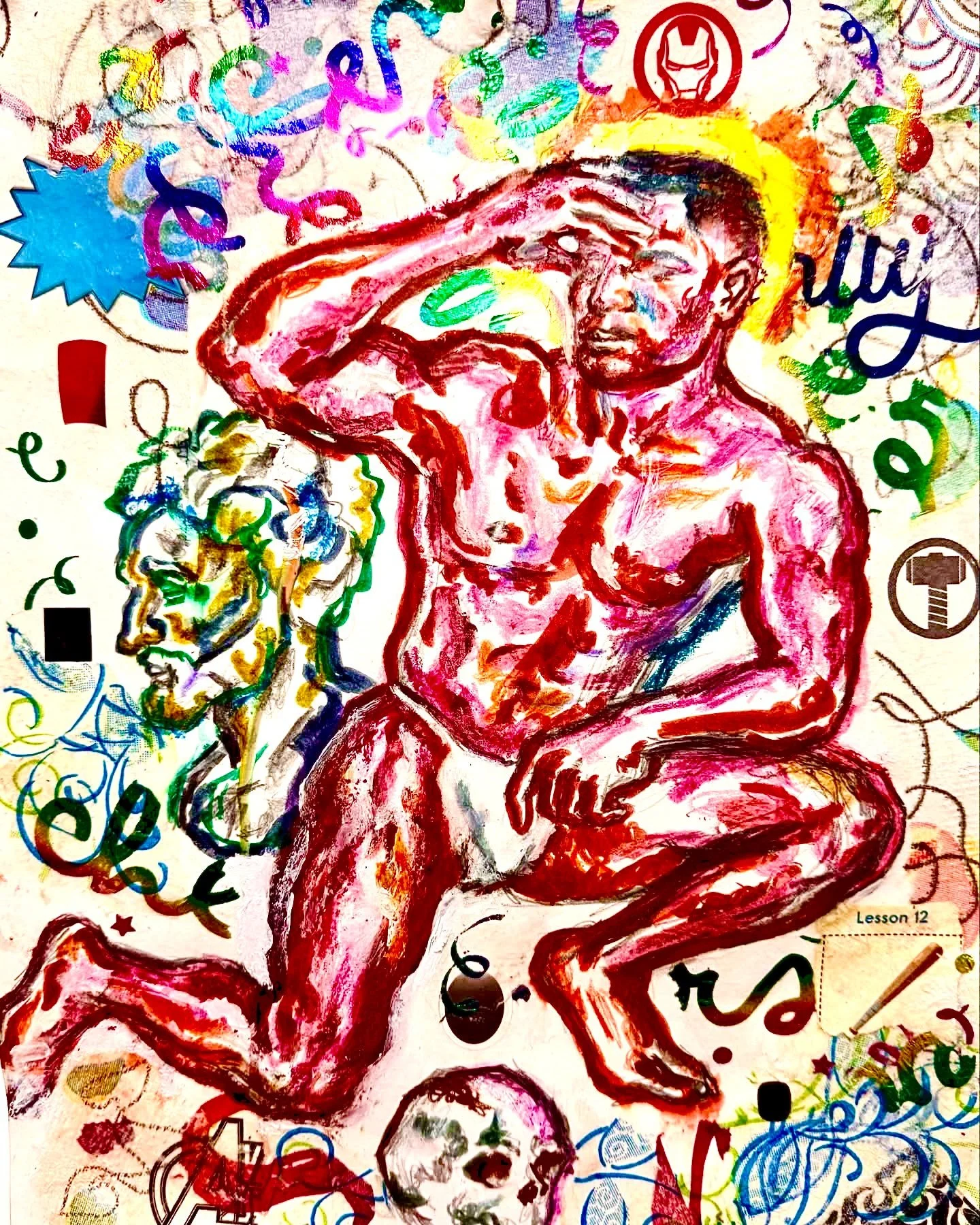 “Negroheroicus at the Edge of Time / Lesson 12,” 2026
Colored pencil, crayon, and mixed-media collage on paper. 
11” x 14”