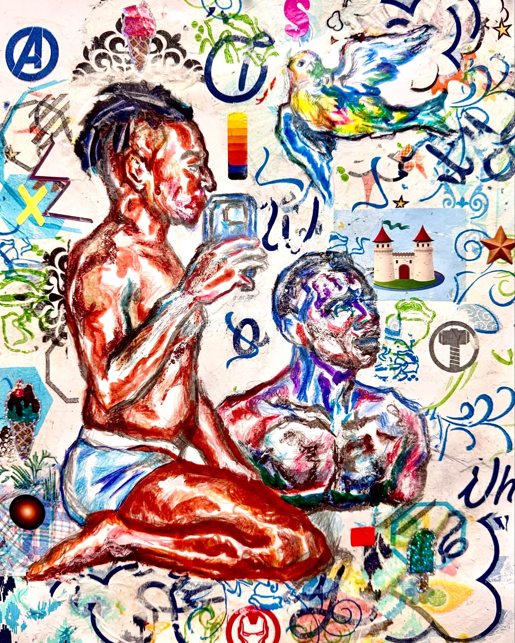“Don't Forget the Past / Do Predict the Future,” 2026
Colored pencil, crayon, and mixed-media collage on paper. 
11” x 14”