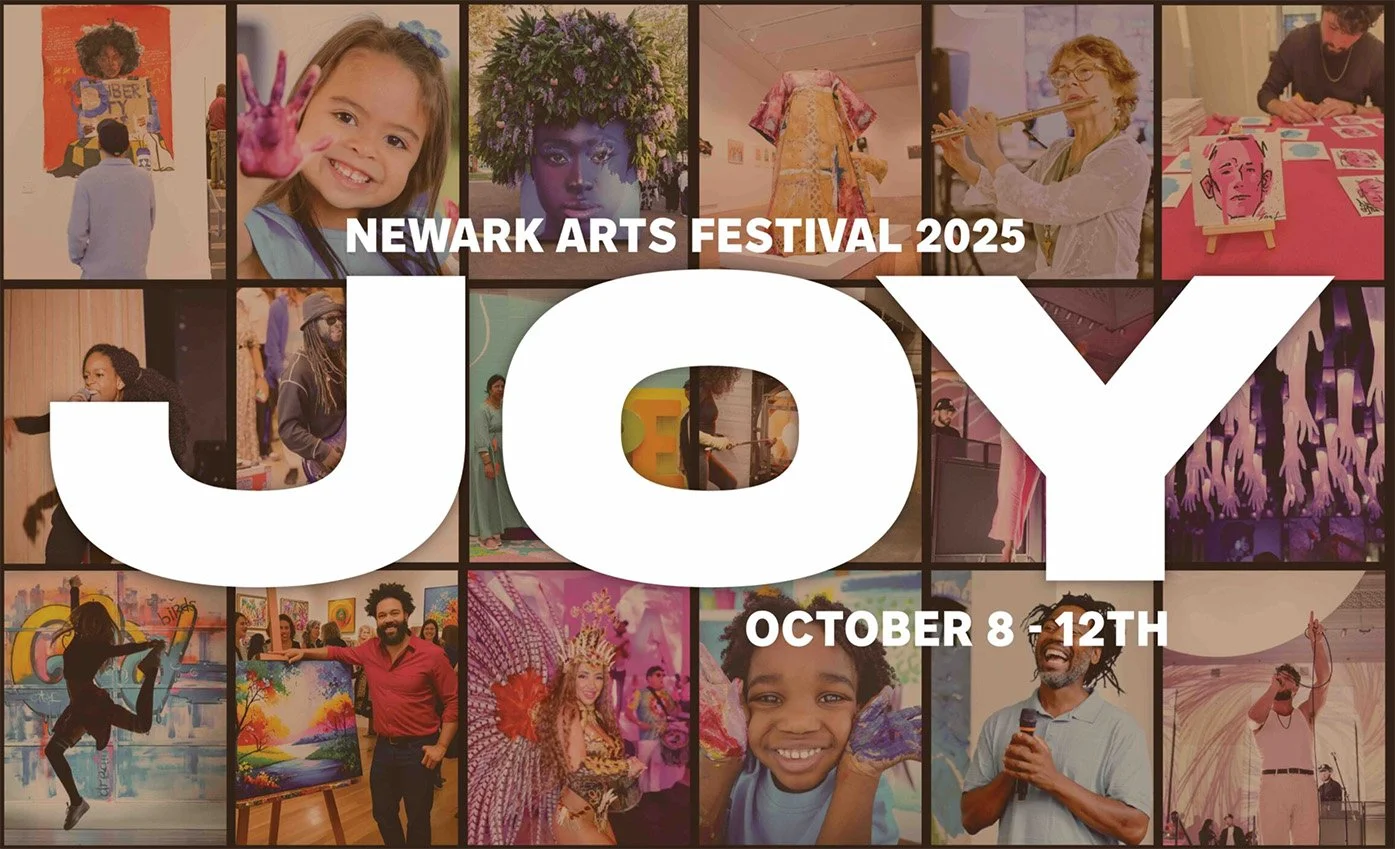Collage of diverse people participating in various artistic activities at the Newark Arts Festival 2025, with the festival dates October 8-12.